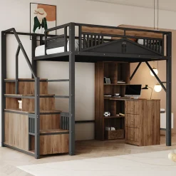 Okwish Lit Mezzanine Métal 140x200 cm avec Fenêtre et Garde-Corps - Noir, Sans Matelas
