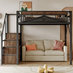 Okwish Lit Mezzanine Métal 140x200 cm avec Fenêtre et Garde-Corps - Noir, Sans Matelas