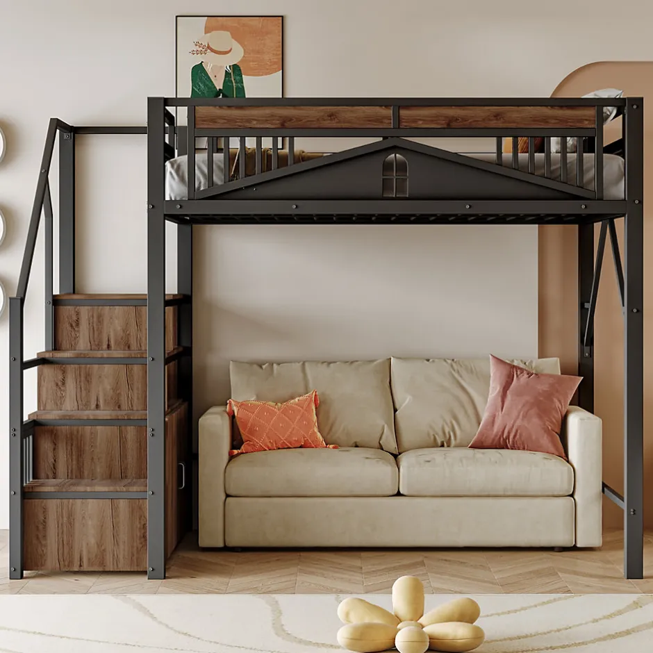 Okwish Lit Mezzanine Métal 140x200 cm avec Fenêtre et Garde-Corps - Noir, Sans Matelas
