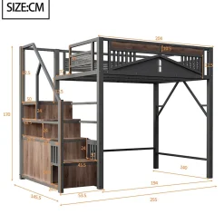 Okwish Lit Mezzanine Métal 140x200 cm avec Fenêtre et Garde-Corps - Noir, Sans Matelas