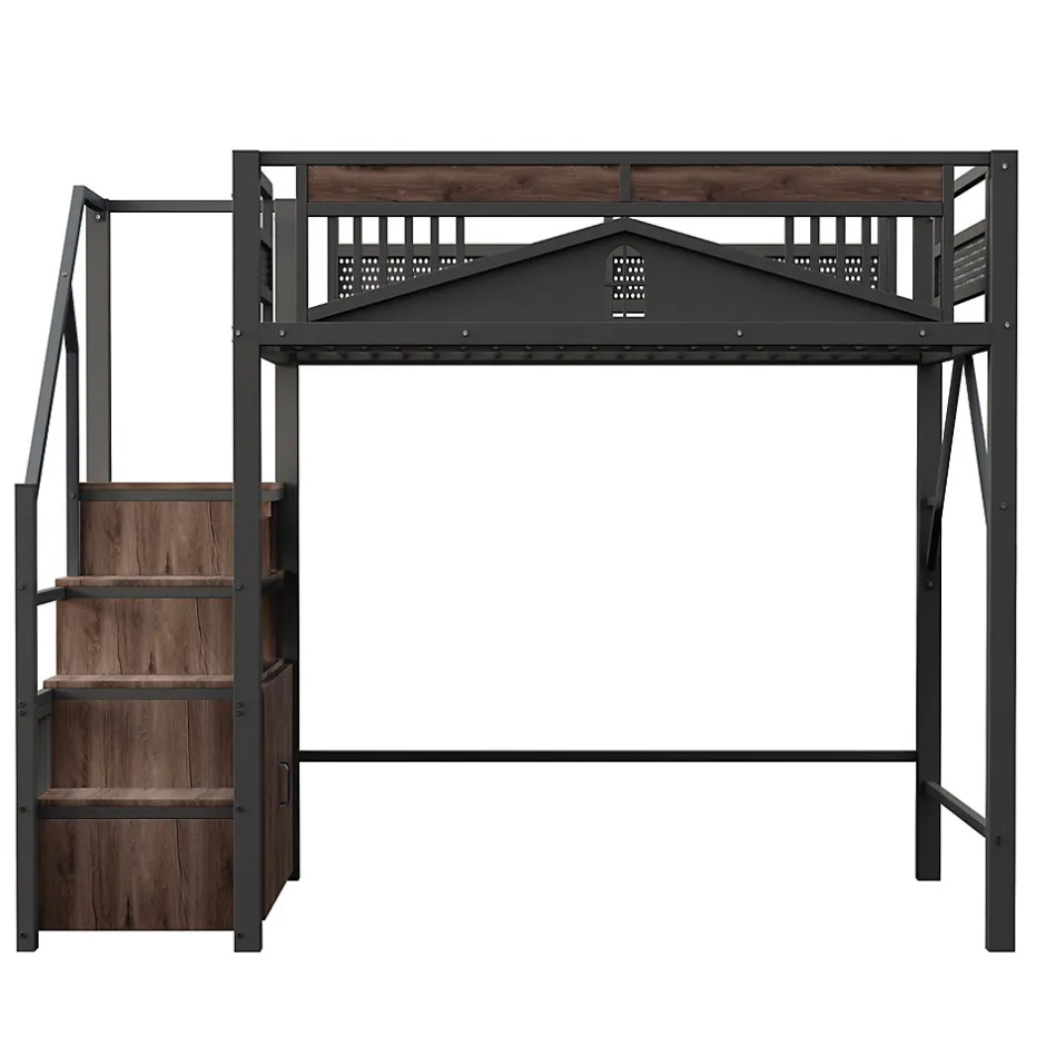 Okwish Lit Mezzanine Métal 140x200 cm avec Fenêtre et Garde-Corps - Noir, Sans Matelas