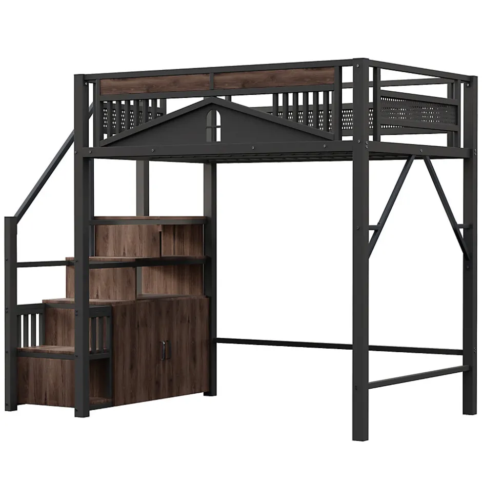 Okwish Lit Mezzanine Métal 140x200 cm avec Fenêtre et Garde-Corps - Noir, Sans Matelas