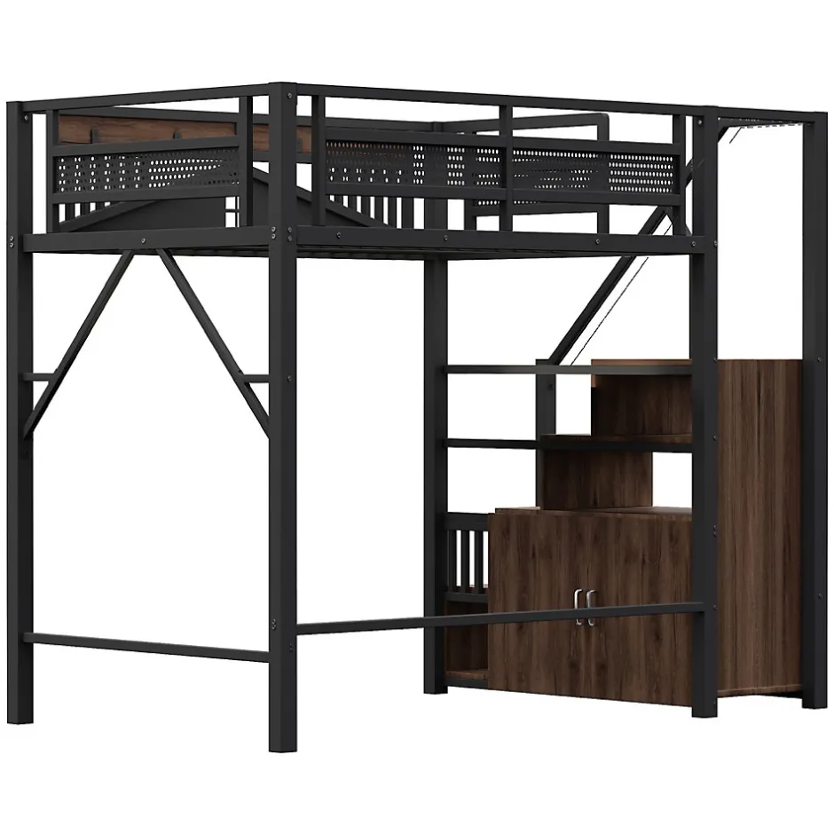 Okwish Lit Mezzanine Métal 140x200 cm avec Fenêtre et Garde-Corps - Noir, Sans Matelas