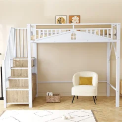Okwish Lit Mezzanine Métal 90x200 cm avec Fenêtre Sécurisée et Escalier de Rangement - Métal Blanc