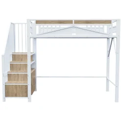 Okwish Lit Mezzanine Métal 90x200 cm avec Fenêtre Sécurisée et Escalier de Rangement - Métal Blanc