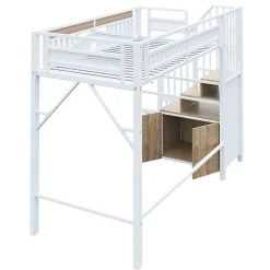 Okwish Lit Mezzanine Métal 90x200 cm avec Fenêtre Sécurisée et Escalier de Rangement - Métal Blanc