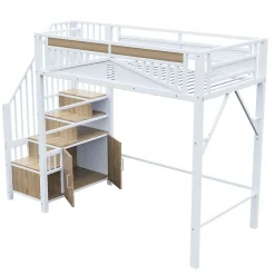 Okwish Lit Mezzanine Métal 90x200 cm avec Fenêtre Sécurisée et Escalier de Rangement - Métal Blanc