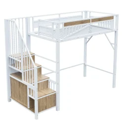 Okwish Lit Mezzanine Métal 90x200 cm avec Fenêtre Sécurisée et Escalier de Rangement - Métal Blanc