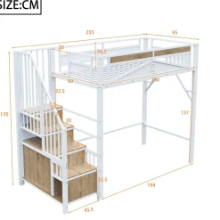 Okwish Lit Mezzanine Métal 90x200 cm avec Fenêtre Sécurisée et Escalier de Rangement - Métal Blanc