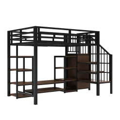 Okwish Lit Mezzanine Métal 90x200 cm enfant avec Escalier Sécurisé, Rangement et Support TV - Noir Hot