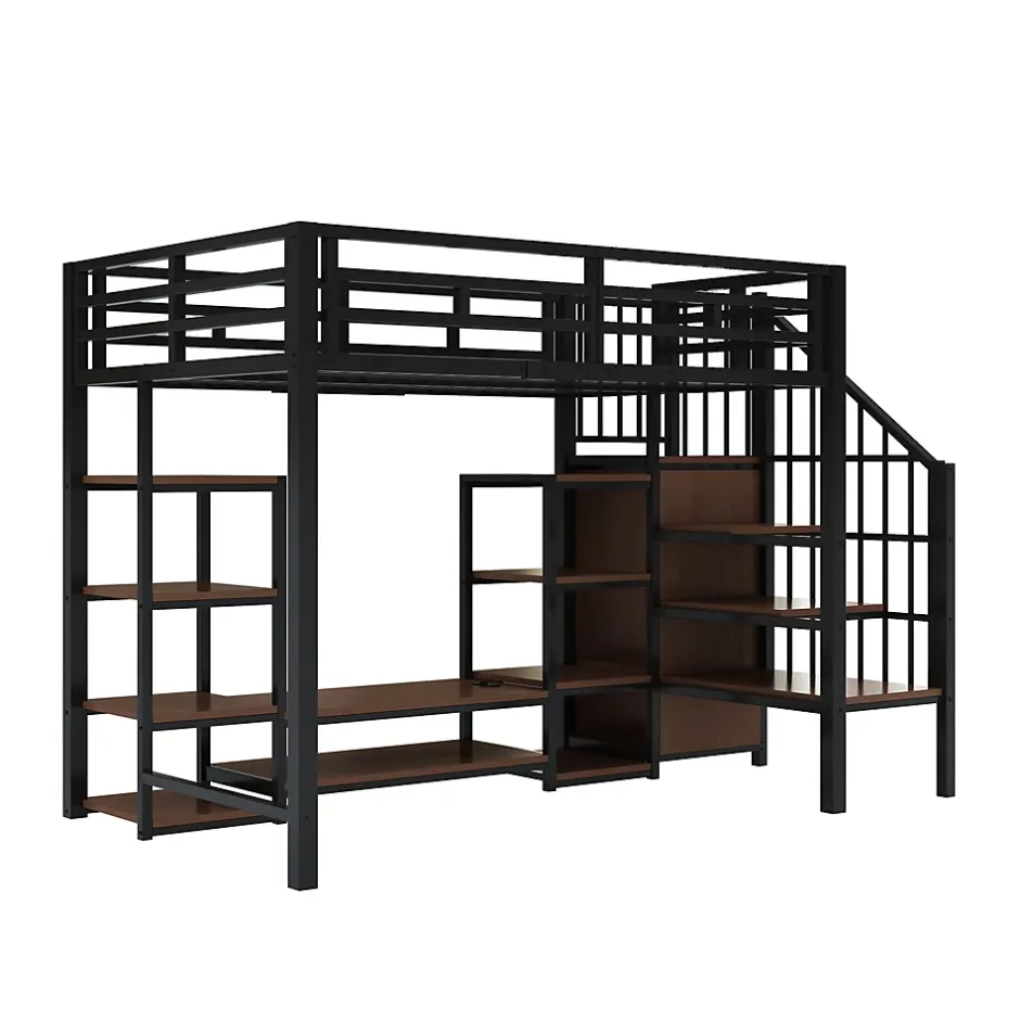 Okwish Lit Mezzanine Métal 90x200 cm enfant avec Escalier Sécurisé, Rangement et Support TV - Noir Hot