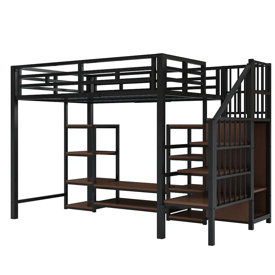 Okwish Lit Mezzanine Métal 90x200 cm enfant avec Escalier Sécurisé, Rangement et Support TV - Noir Hot