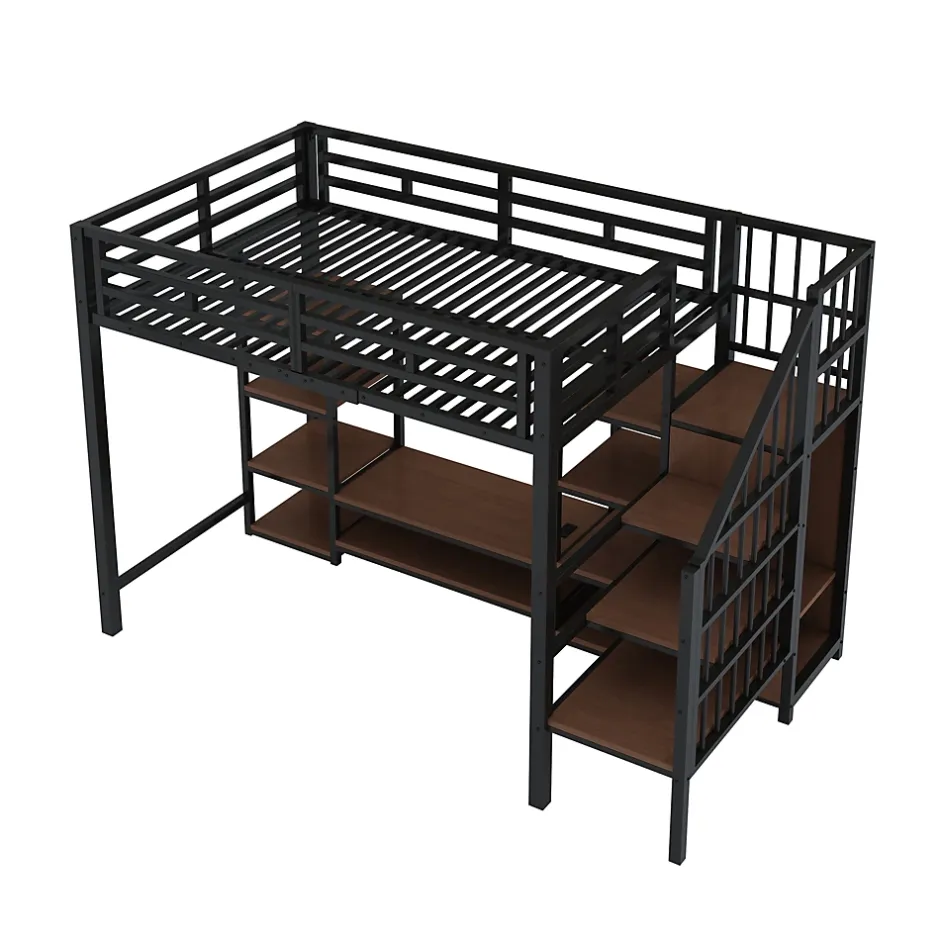 Okwish Lit Mezzanine Métal 90x200 cm enfant avec Escalier Sécurisé, Rangement et Support TV - Noir Hot