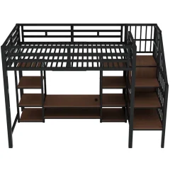 Okwish Lit Mezzanine Métal 90x200 cm enfant avec Escalier Sécurisé, Rangement et Support TV - Noir Hot