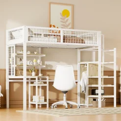 Simple Life Lit mezzanine métal 90x200cm blanc avec armoire et bureau, échelle sécurisée Best