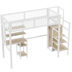Simple Life Lit mezzanine métal 90x200cm blanc avec armoire et bureau, échelle sécurisée Best