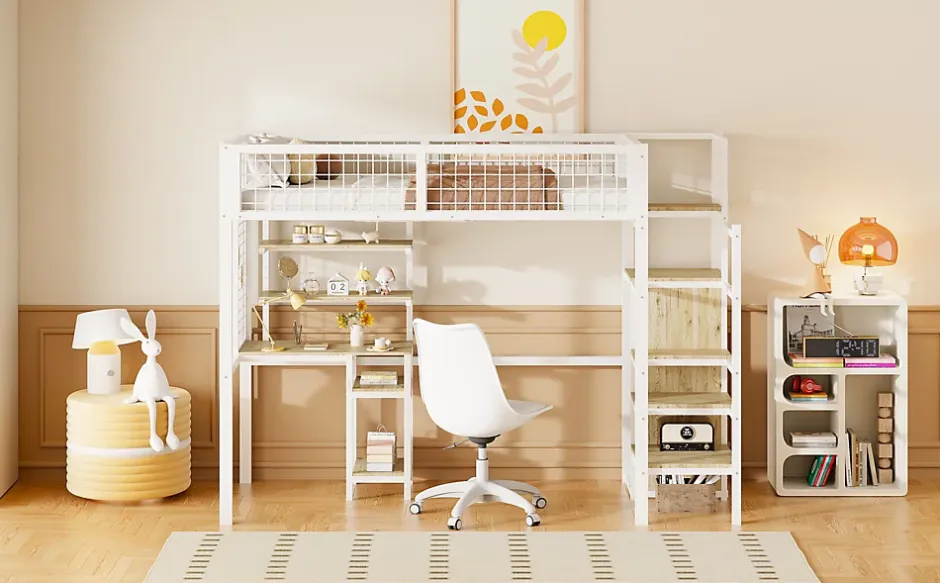 Simple Life Lit mezzanine métal 90x200cm blanc avec armoire et bureau, échelle sécurisée Best