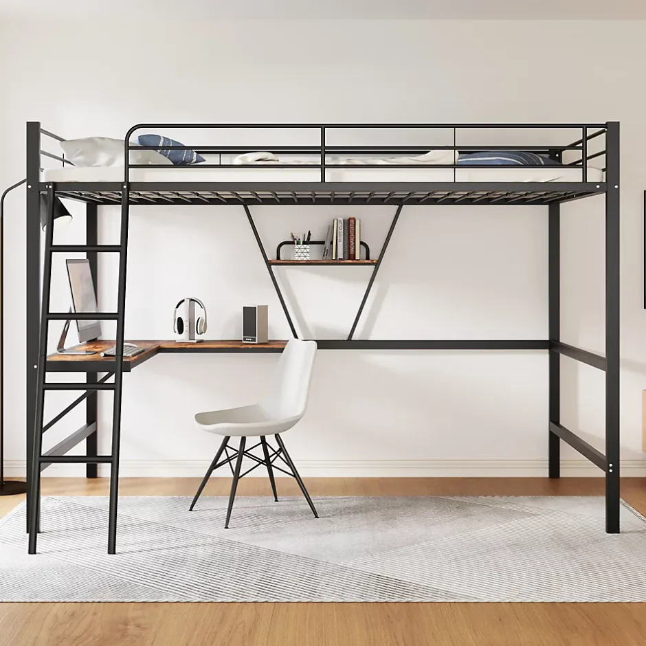 Urban Meuble Lit mezzanine métallique noir avec bureau en L et étagère 90x200cm New