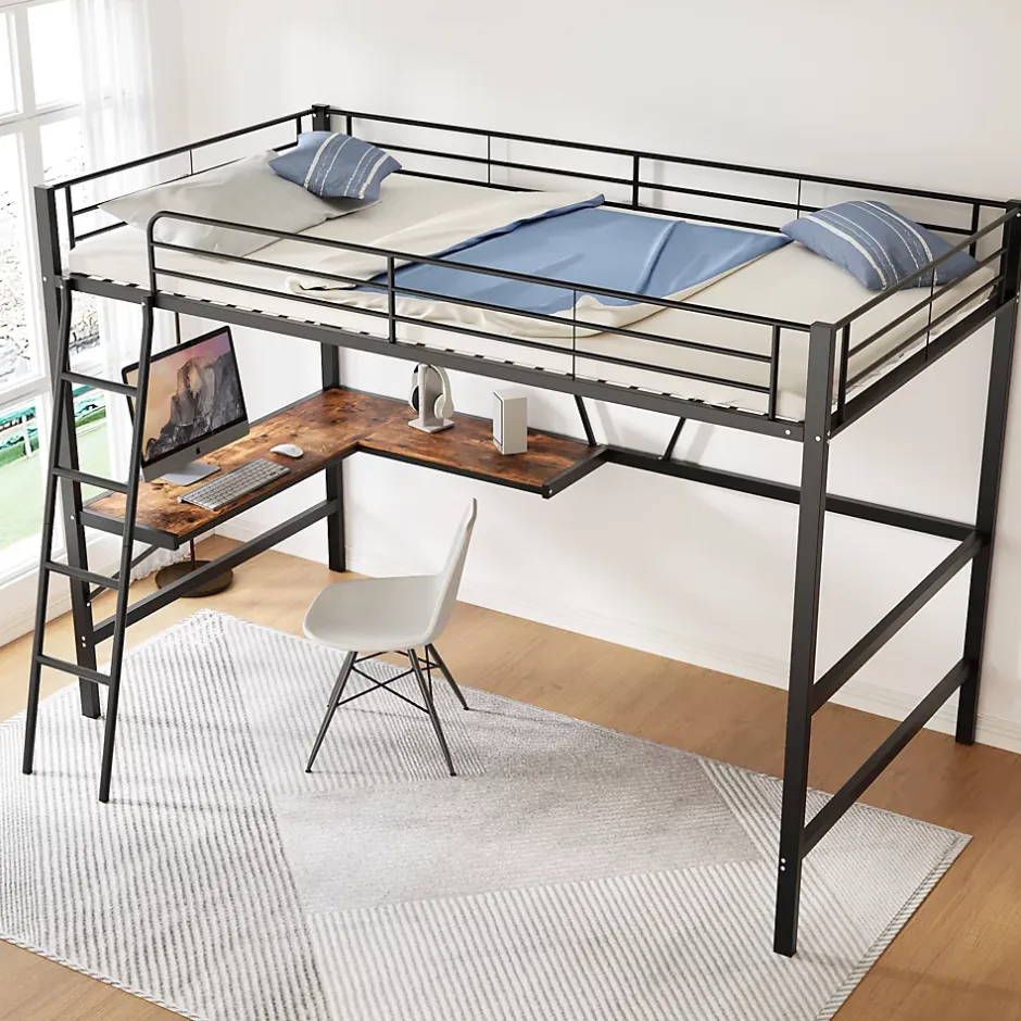 Urban Meuble Lit mezzanine métallique noir avec bureau en L et étagère 90x200cm New