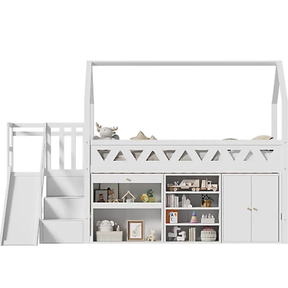 ModernLuxe Lit mezzanine multifonctionnel 90x200 cm en bois et MDF - avec toboggan, escalier et casiers - Blanc(sans matelas) Online