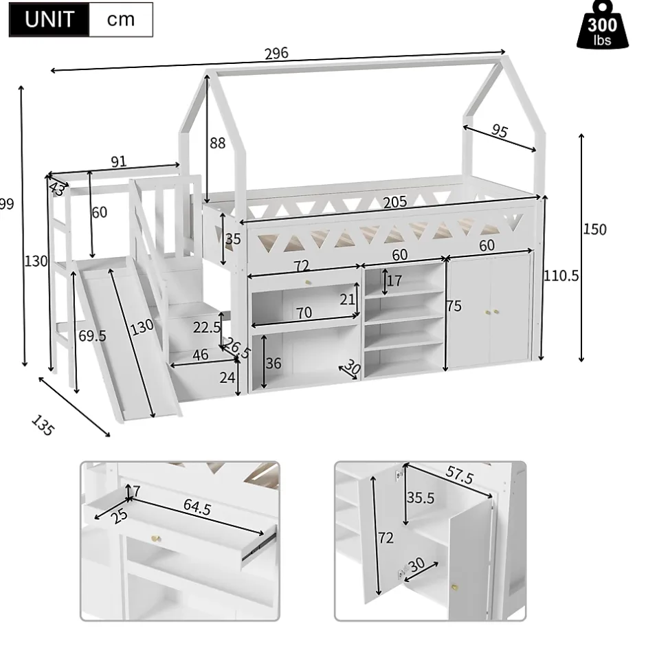 ModernLuxe Lit mezzanine multifonctionnel 90x200 cm en bois et MDF - avec toboggan, escalier et casiers - Blanc(sans matelas) Online