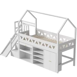 ModernLuxe Lit mezzanine multifonctionnel 90x200 cm en bois et MDF - avec toboggan, escalier et casiers - Blanc(sans matelas) Online