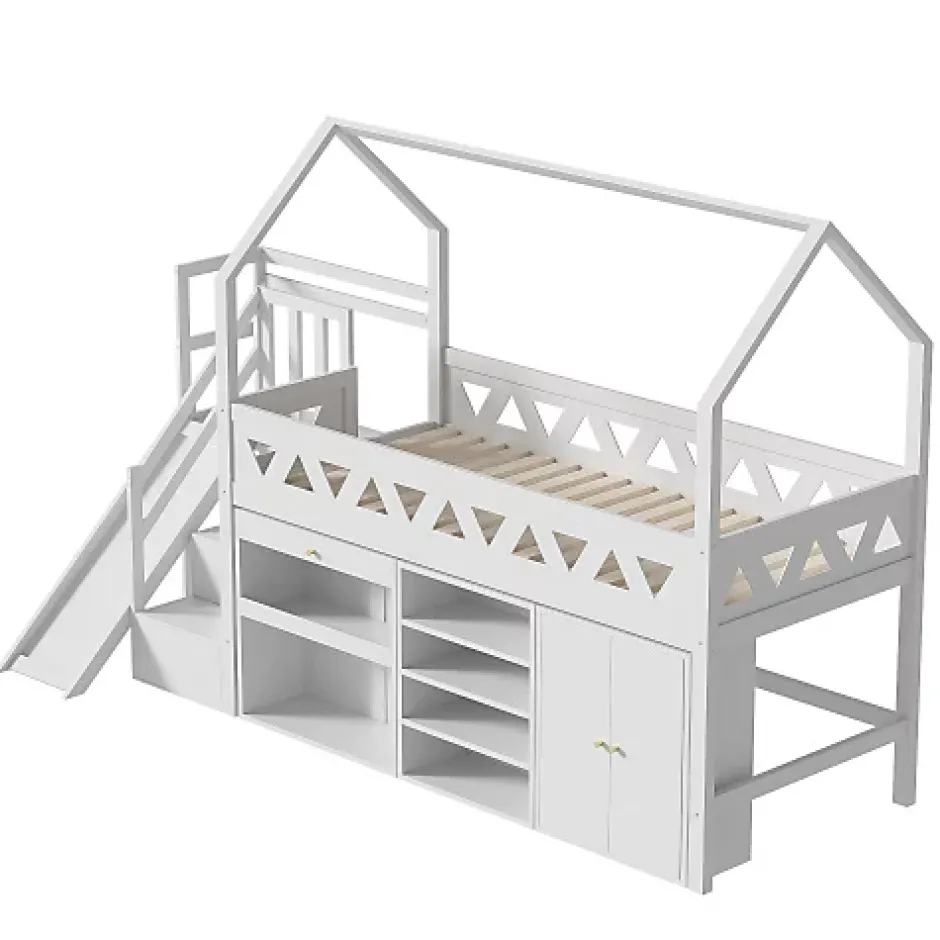 ModernLuxe Lit mezzanine multifonctionnel 90x200 cm en bois et MDF - avec toboggan, escalier et casiers - Blanc(sans matelas) Online