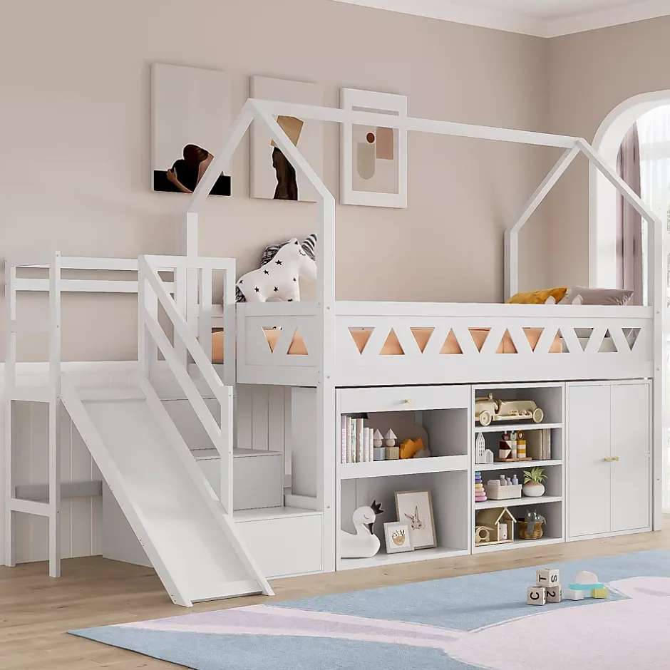 ModernLuxe Lit mezzanine multifonctionnel 90x200 cm en bois et MDF - avec toboggan, escalier et casiers - Blanc(sans matelas) Online
