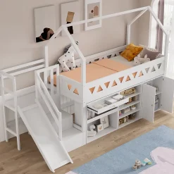 ModernLuxe Lit mezzanine multifonctionnel 90x200 cm en bois et MDF - avec toboggan, escalier et casiers - Blanc(sans matelas) Online