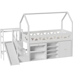 ModernLuxe Lit mezzanine multifonctionnel 90x200 cm en bois et MDF - avec toboggan, escalier et casiers - Blanc(sans matelas) Online