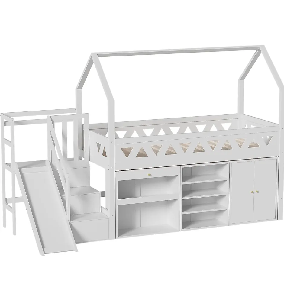 ModernLuxe Lit mezzanine multifonctionnel 90x200 cm en bois et MDF - avec toboggan, escalier et casiers - Blanc(sans matelas) Online