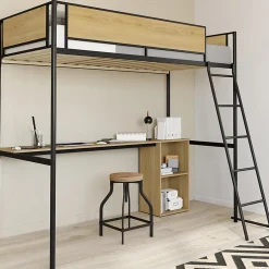 IDMarket Lit mezzanine simple DETROIT avec bureau et rangements 90 x 190 cm design industriel Discount