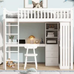 Okwish Lit Mezzanine Simple 90x200 cm - En Bois, Avec Bureau et Armoire, Escalier avec Rangements Intégrés - Sans Matelas - Blanc