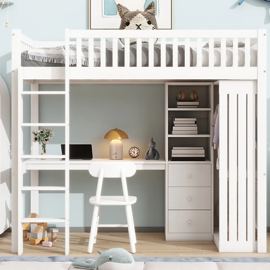 Okwish Lit Mezzanine Simple 90x200 cm - En Bois, Avec Bureau et Armoire, Escalier avec Rangements Intégrés - Sans Matelas - Blanc