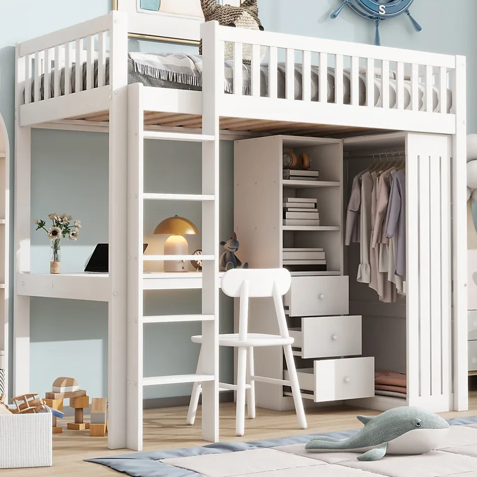 Okwish Lit Mezzanine Simple 90x200 cm - En Bois, Avec Bureau et Armoire, Escalier avec Rangements Intégrés - Sans Matelas - Blanc