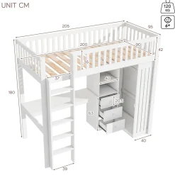 Okwish Lit Mezzanine Simple 90x200 cm - En Bois, Avec Bureau et Armoire, Escalier avec Rangements Intégrés - Sans Matelas - Blanc