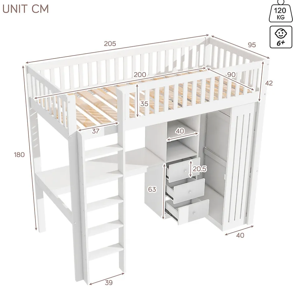 Okwish Lit Mezzanine Simple 90x200 cm - En Bois, Avec Bureau et Armoire, Escalier avec Rangements Intégrés - Sans Matelas - Blanc