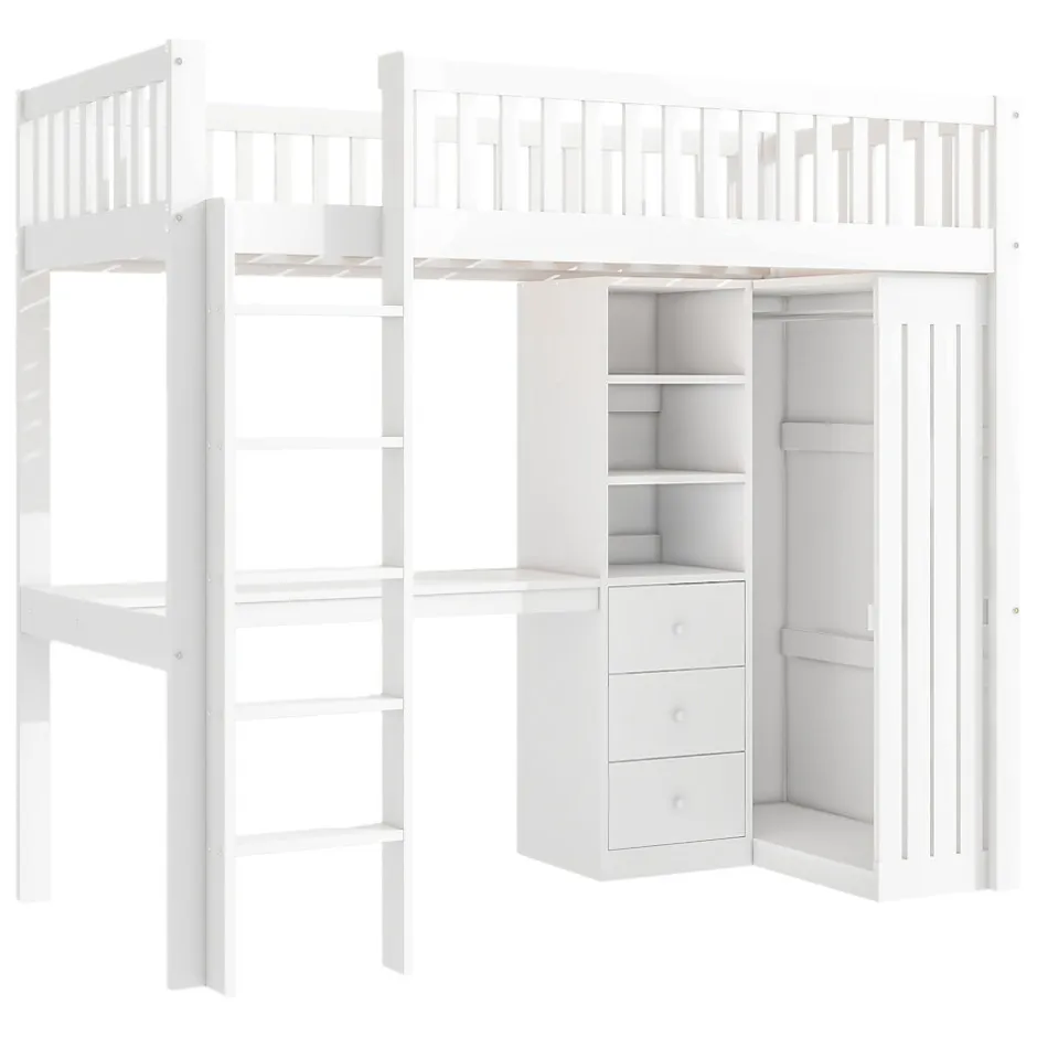 Okwish Lit Mezzanine Simple 90x200 cm - En Bois, Avec Bureau et Armoire, Escalier avec Rangements Intégrés - Sans Matelas - Blanc
