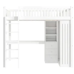 Okwish Lit Mezzanine Simple 90x200 cm - En Bois, Avec Bureau et Armoire, Escalier avec Rangements Intégrés - Sans Matelas - Blanc