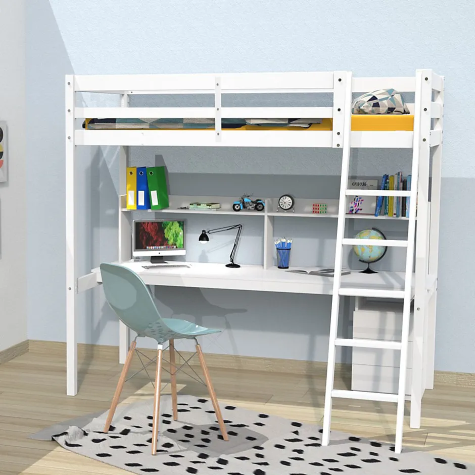 Weber Industries Lit mezzanine STUDIO 90x190 + 1 sommier + caisson 3 tiroirs + bureau + étagère / Blanc New