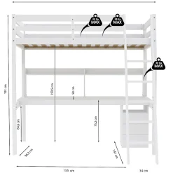 Weber Industries Lit mezzanine STUDIO 90x190 + 1 sommier + caisson 3 tiroirs + bureau + étagère / Blanc New