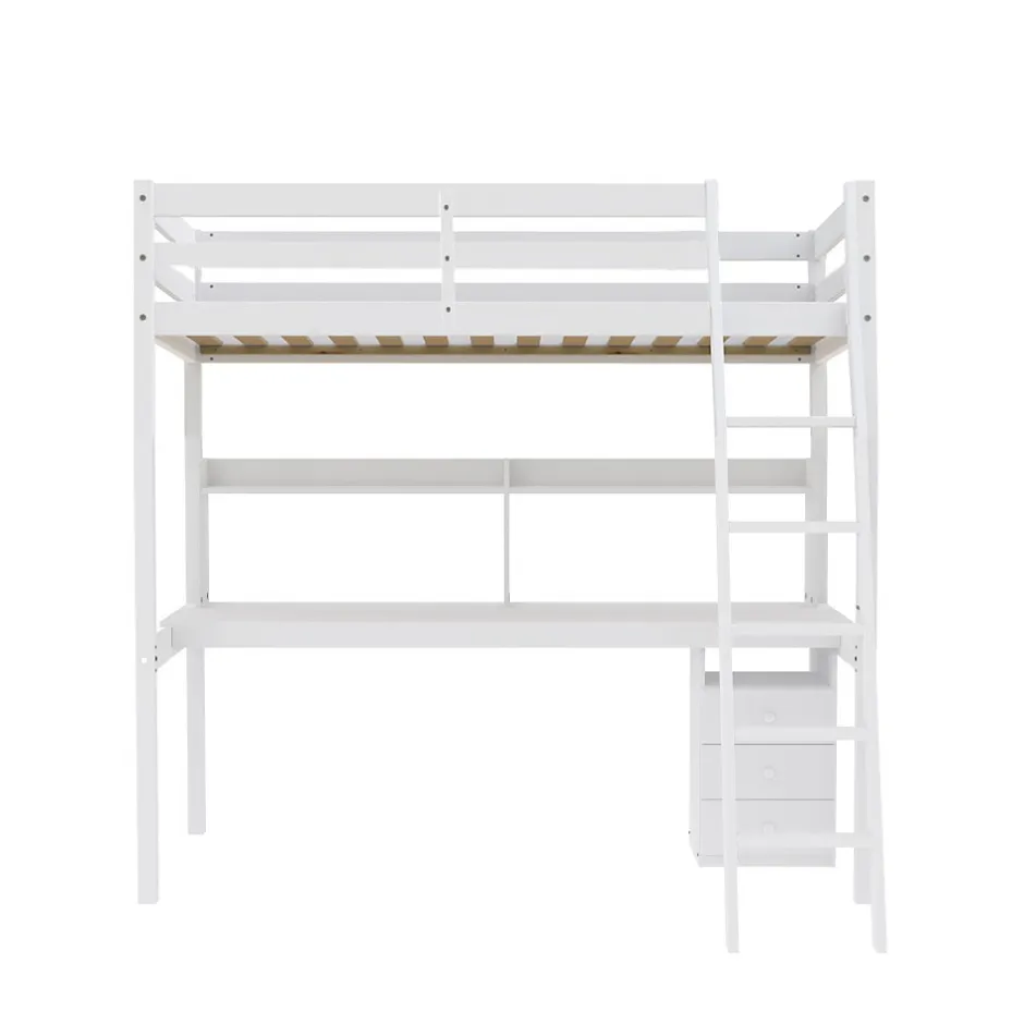 Weber Industries Lit mezzanine STUDIO 90x190 + 1 sommier + caisson 3 tiroirs + bureau + étagère / Blanc New