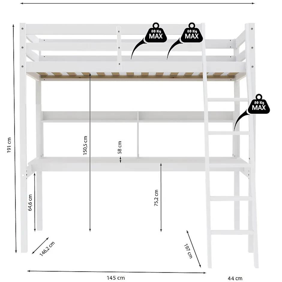 Weber Industries Lit mezzanine STUDIO 140x190 + 1 sommier + bureau + étagère / Blanc Hot