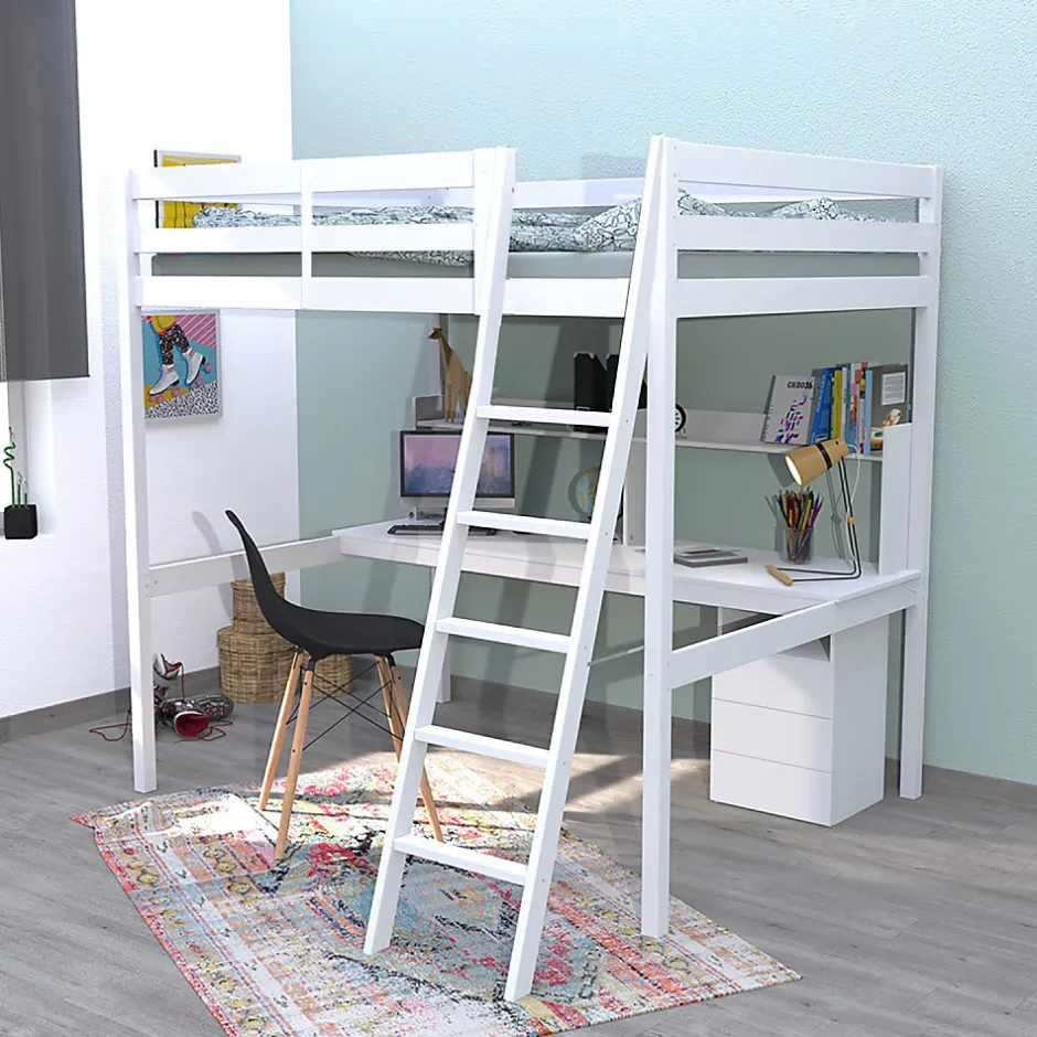 Weber Industries Lit mezzanine STUDIO 140x190 + 1 sommier + caisson 3 tiroirs + bureau + étagère / Blanc Clearance