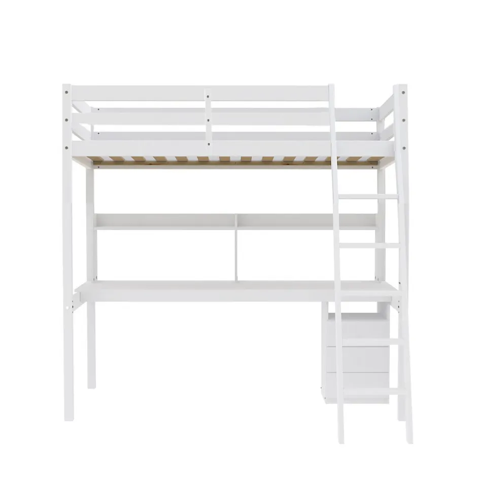 Weber Industries Lit mezzanine STUDIO 140x190 + 1 sommier + caisson 3 tiroirs + bureau + étagère / Blanc Clearance