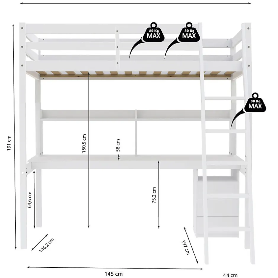 Weber Industries Lit mezzanine STUDIO 140x190 + 1 sommier + caisson 3 tiroirs + bureau + étagère / Blanc Clearance