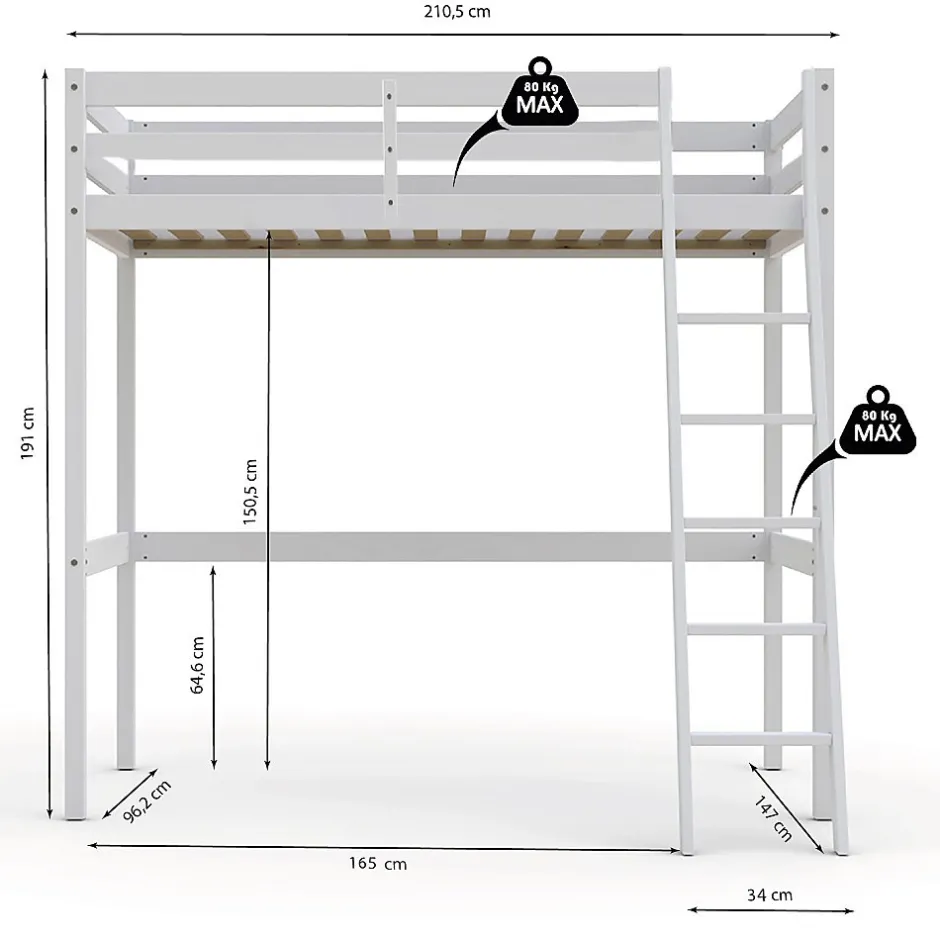 Weber Industries Lit mezzanine STUDIO 90x200 + 1 sommier / Blanc Clearance