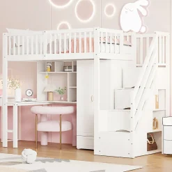 Okwish Lit Mezzanine 90x200 - Lit Enfant avec Bureau, Armoire et Rangements Intégrés, Design Pratique et Moderne, Bois Blanc Sale
