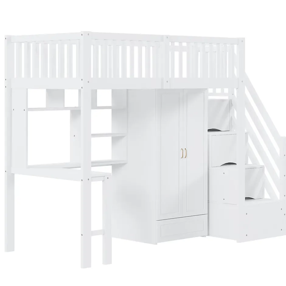 Okwish Lit Mezzanine 90x200 - Lit Enfant avec Bureau, Armoire et Rangements Intégrés, Design Pratique et Moderne, Bois Blanc Sale