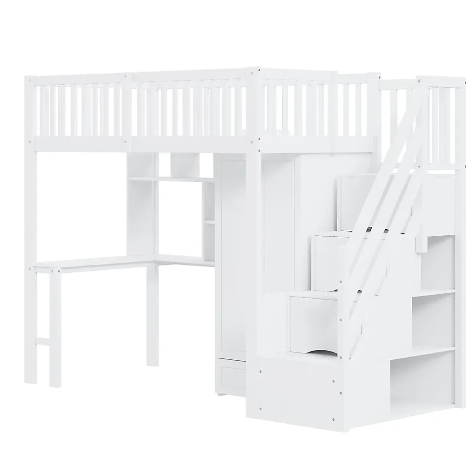 Okwish Lit Mezzanine 90x200 - Lit Enfant avec Bureau, Armoire et Rangements Intégrés, Design Pratique et Moderne, Bois Blanc Sale